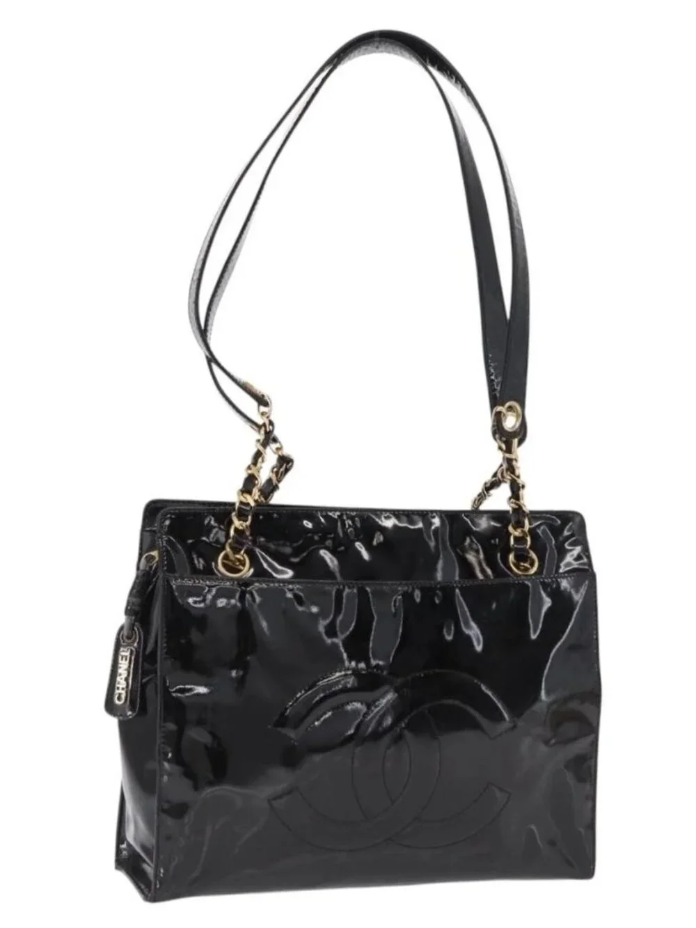 CHANEL COCO Mark Shoulder Bag Patent leather Black Gold CC Auth BA9483